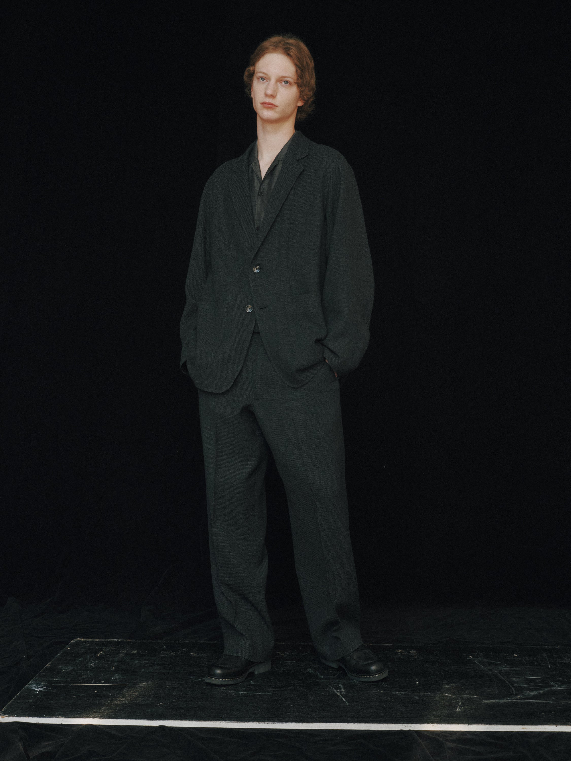 Silk/Wool Feather Twill / Open Collar L/S Shirt, Gray