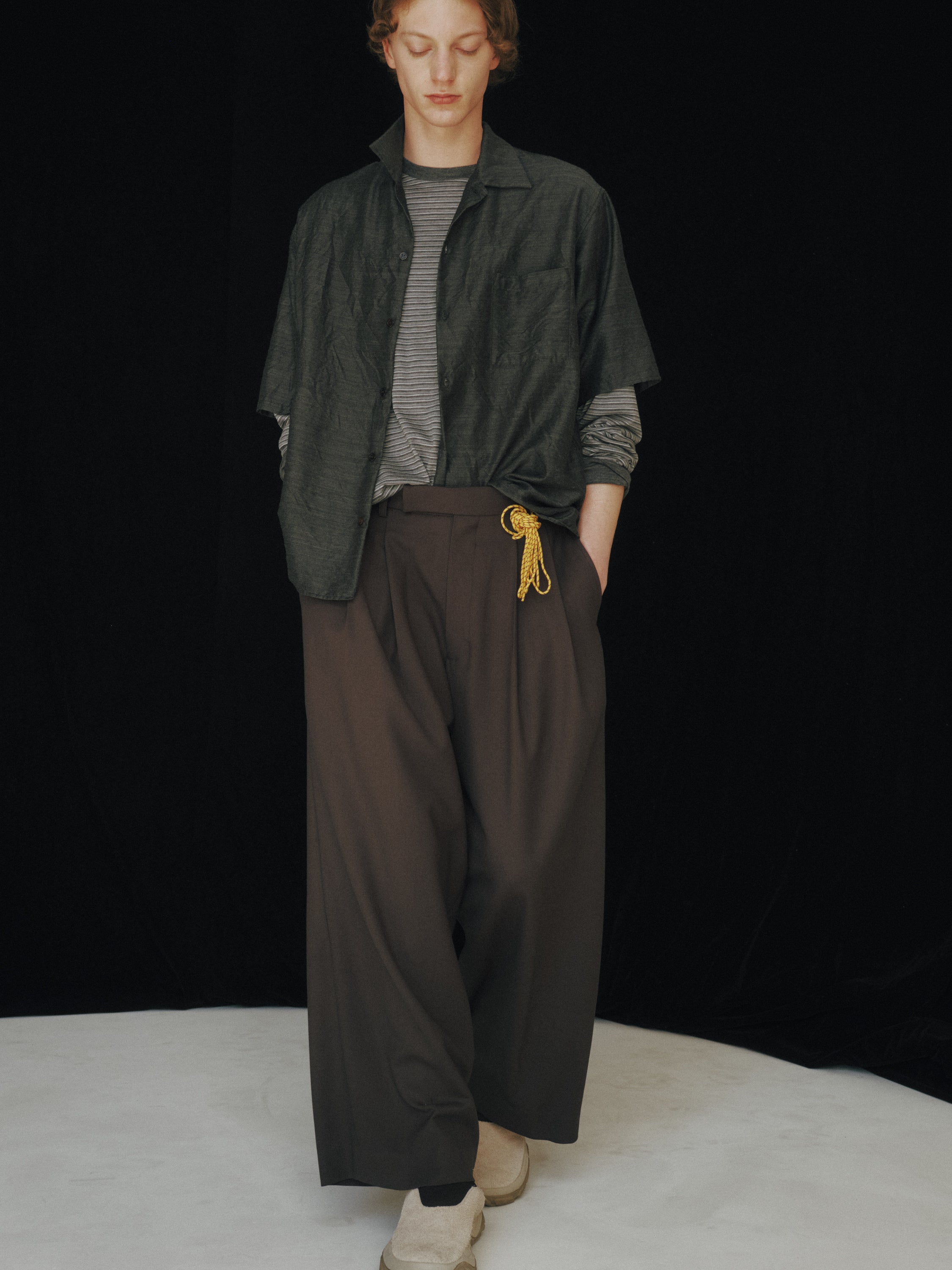 Silk/Wool Feather Twill / Open Collar S/S Shirt, Gray