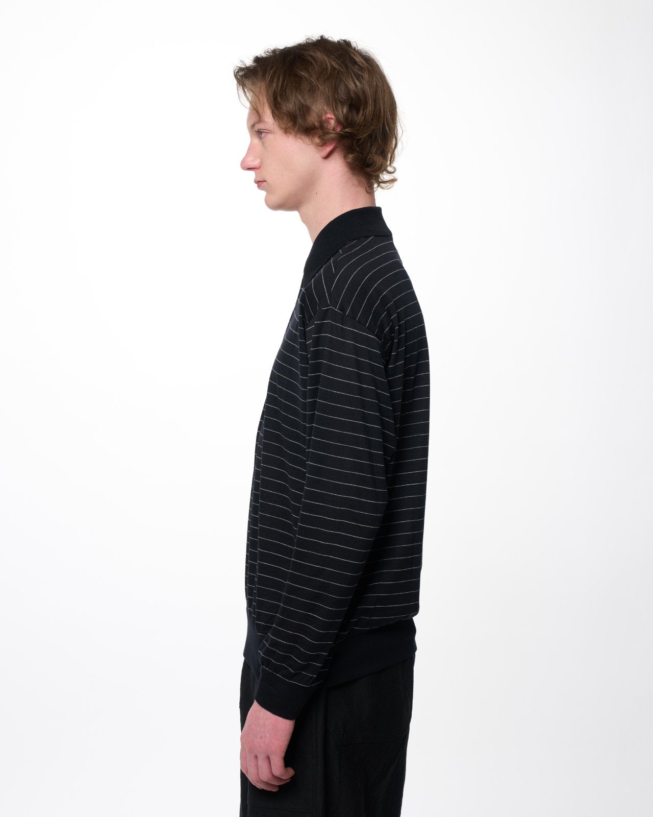 Super 120s Washable Wool Jersey / One Button L/S Polo, Black Border