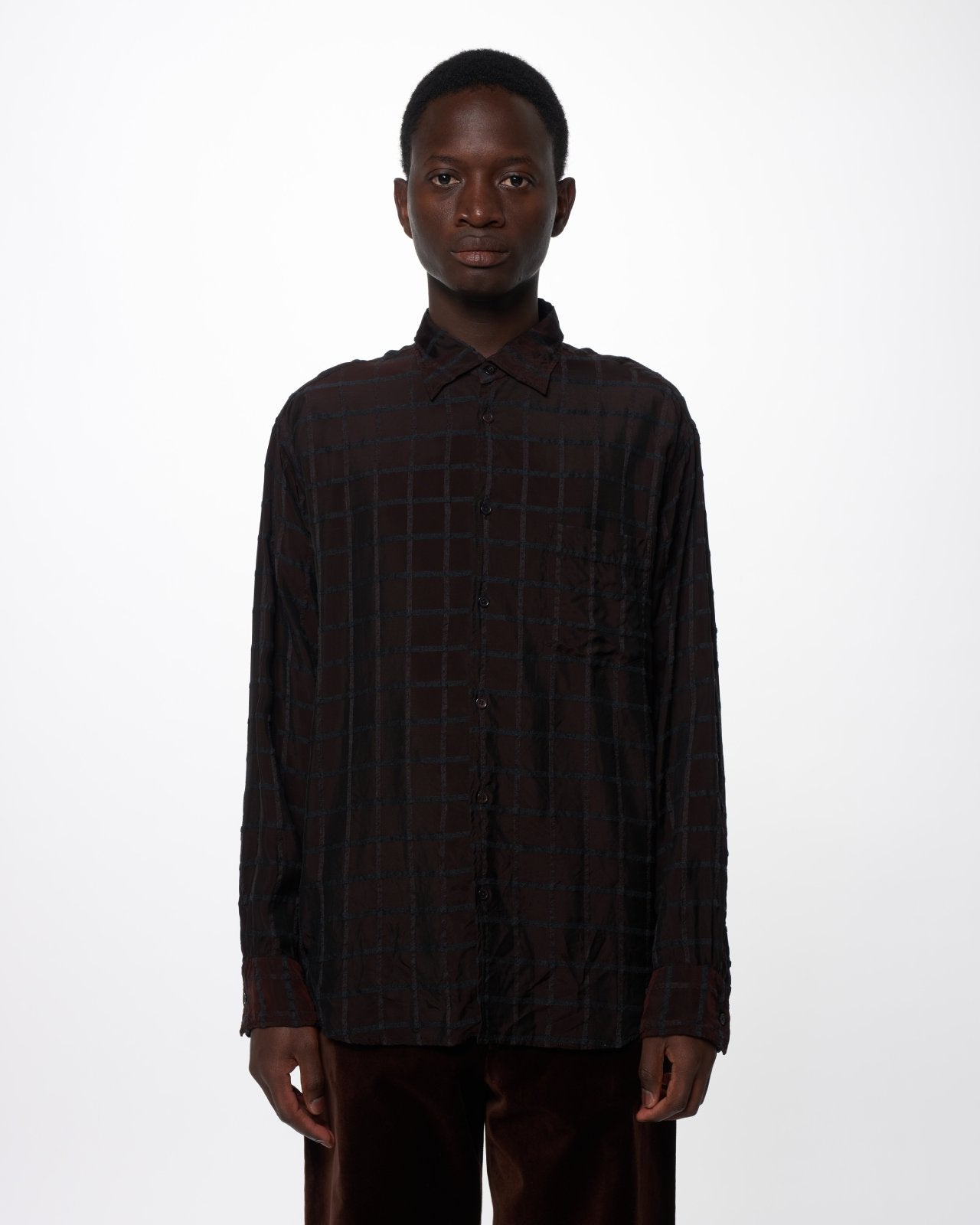 Cupra/Wool Twill / Semi Spread Collar Shirt, Brown Check