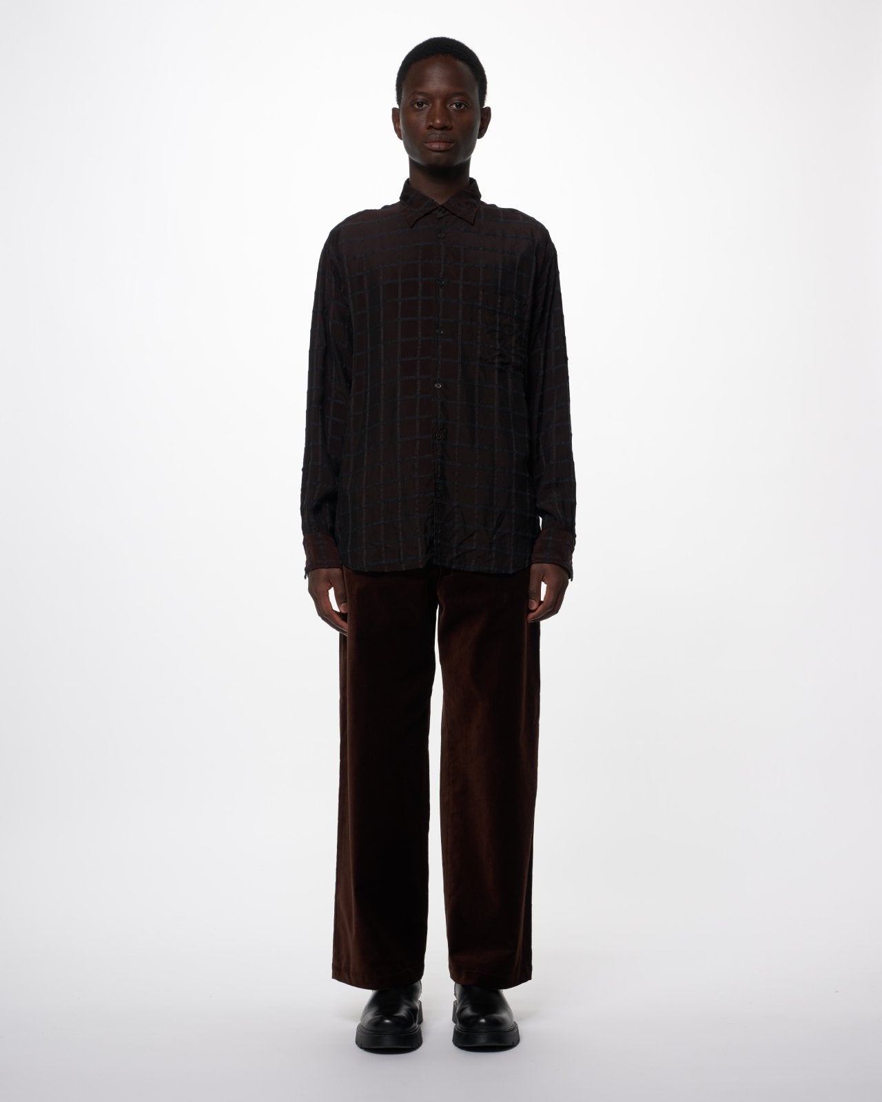 Cupra/Wool Twill / Semi Spread Collar Shirt, Brown Check