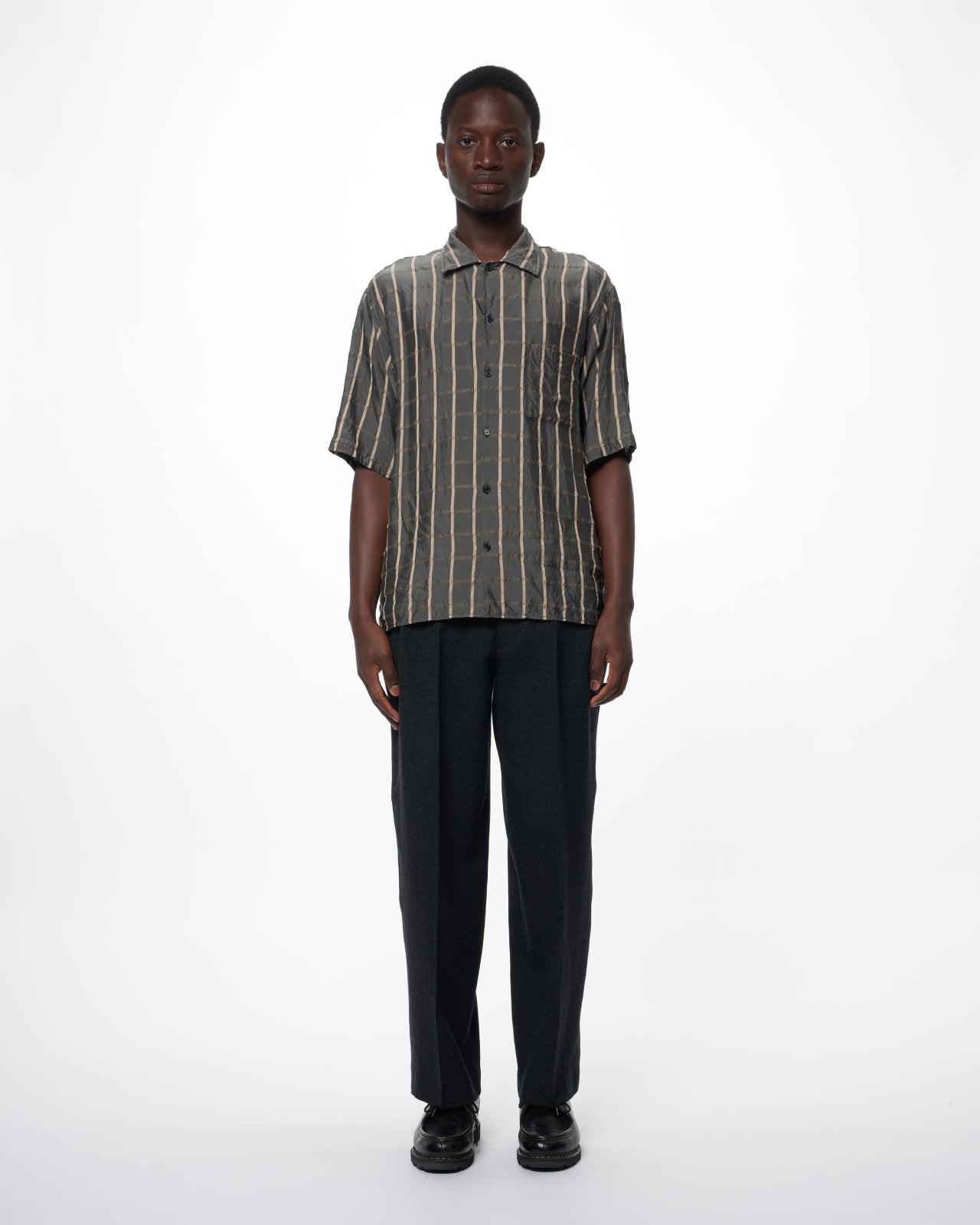 Cupra/Wool Twill / Open Collar S/S Shirt, Gray Check