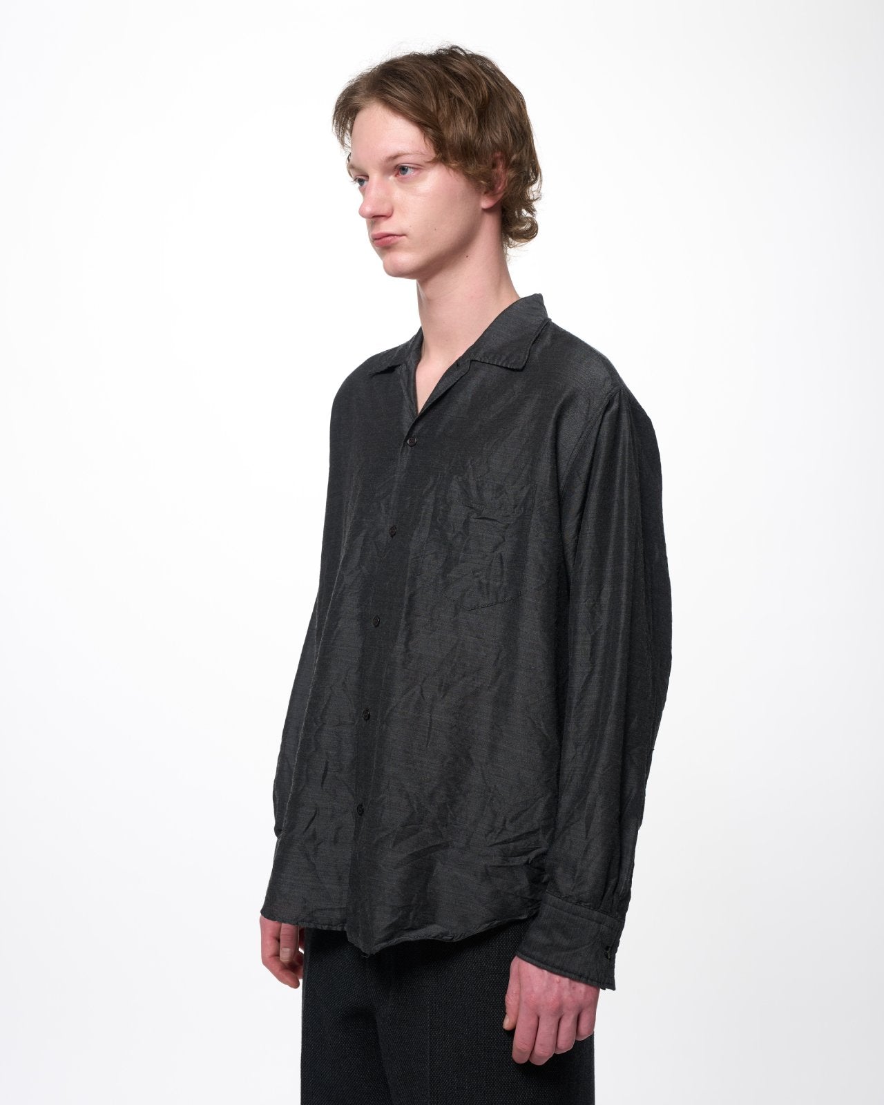 Silk/Wool Feather Twill / Open Collar L/S Shirt, Gray
