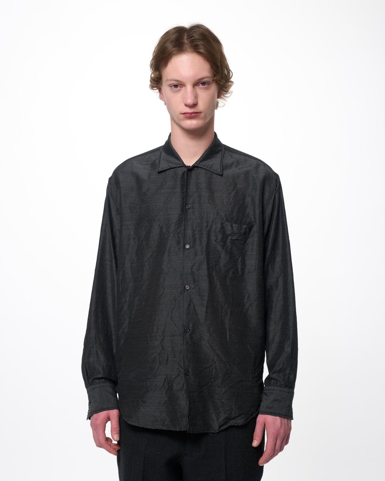 Silk/Wool Feather Twill / Open Collar L/S Shirt, Gray