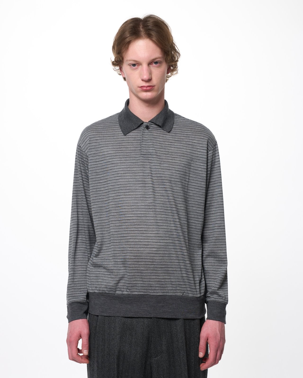 Super 120s Washable Wool Jersey / One Button L/S Polo, Gray Border